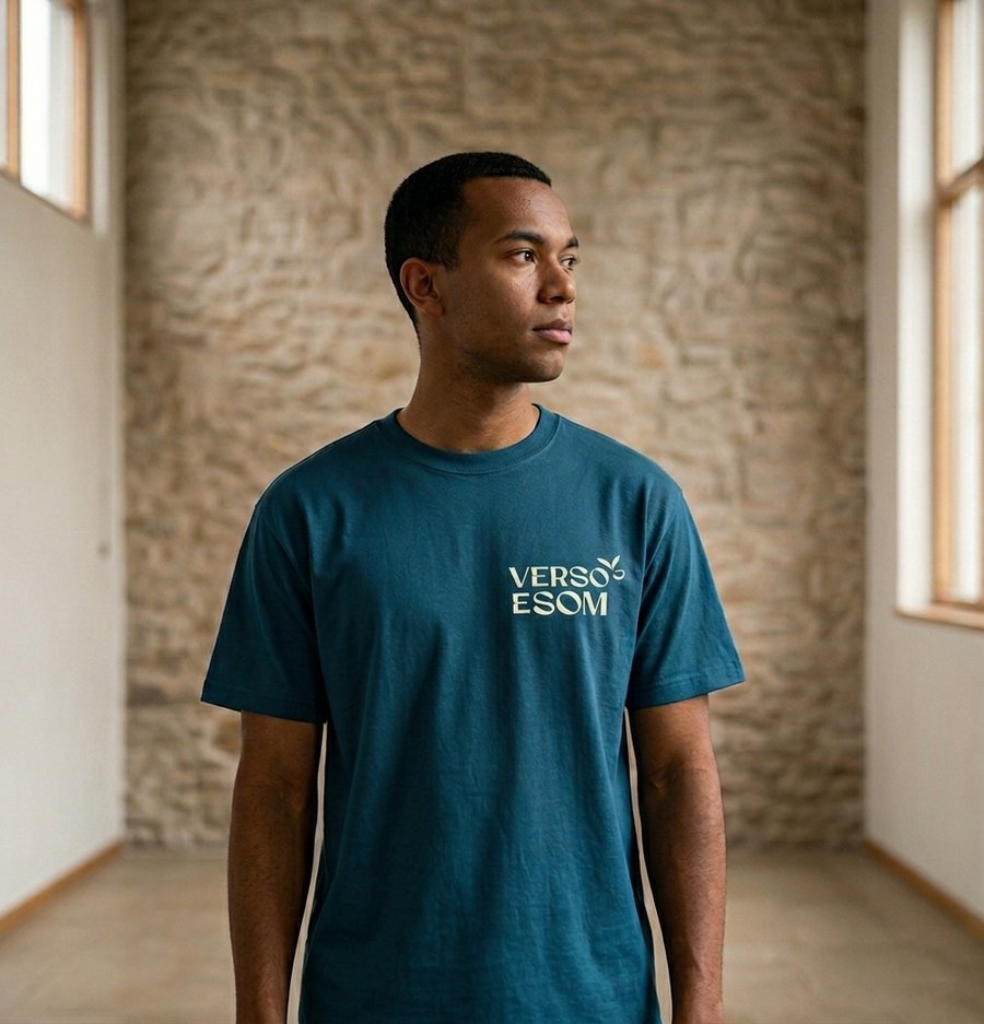Camiseta Verso e Som, azul petróleo com logo bege no peito