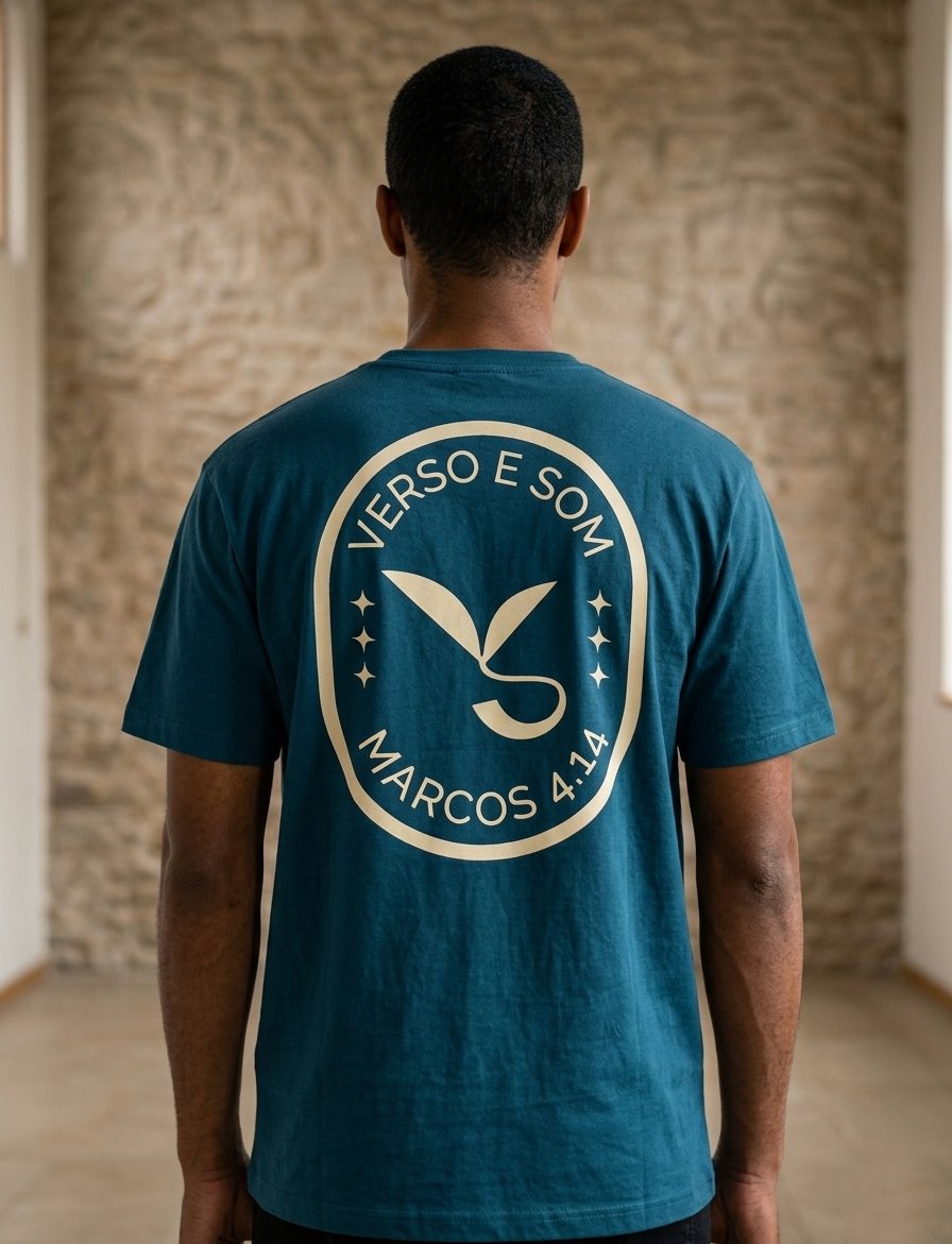 Verso da camiseta Verso e Som, com selo circular Marcos 4.14